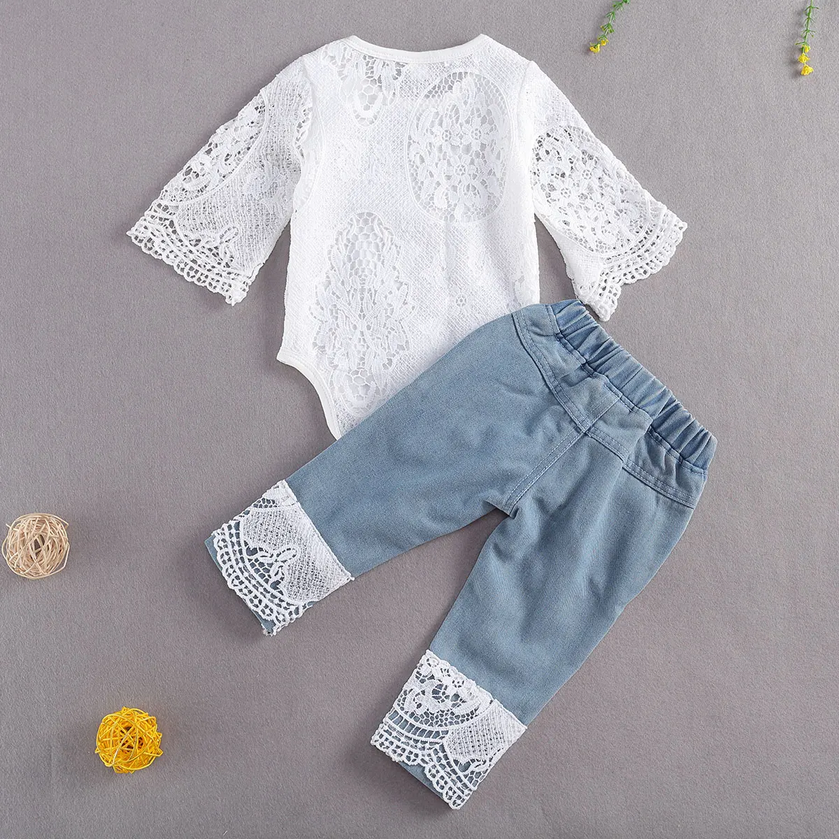 Baby Girls Long Sleeve Lace Romper Girl Triangle Crotch Round Neck Lace T Shirts Kids Long Jeans Kid Patchwork Pants 2Pcs Sets