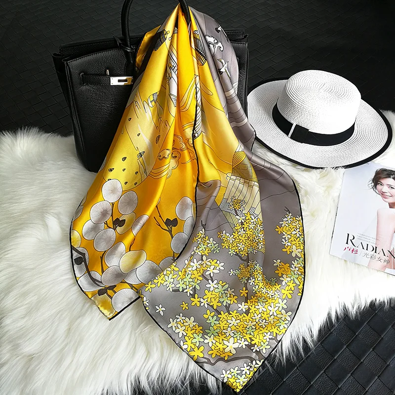 

100% Twill Silk Scarf Women Printed 2 Colours Design Classic Square 88*88cm Handmade Hemming Elegant Scarves New Fashion