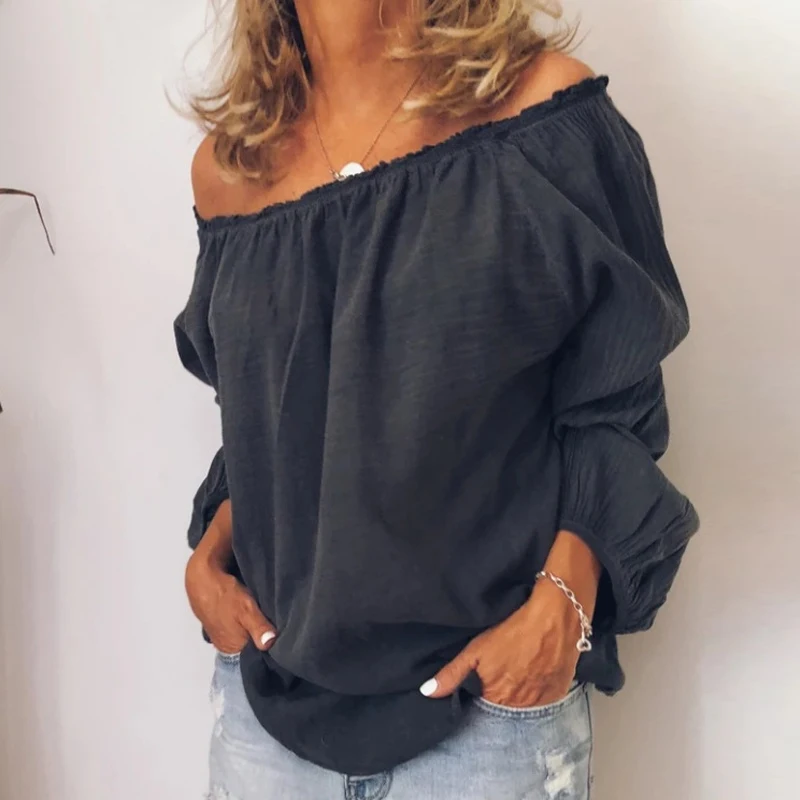 2023 Blouses Women Solid Casual Off Shoulder Blouse Shirt Tops Plus Size Blouse Women One Neckline Pleated Elastic Lady\'s Shirt