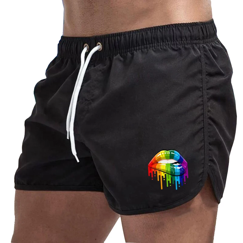 Summer Men\'s Shorts Lip Printing Sport Casual Fitness Breathable Training Drawstring Candy Colors Loose Male Beach Pants S-3XL