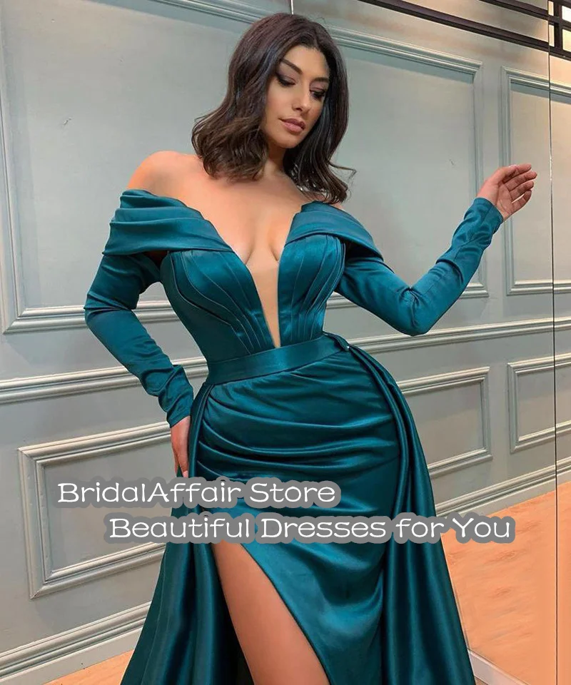 BridalAffair-Arabic Aso Ebi أكمام طويلة سبليت حورية البحر فساتين حفلة موسيقية ، رقبة V عميقة ، مكشوفة الكتفين ، فساتين سهرة رسمية من الساتان