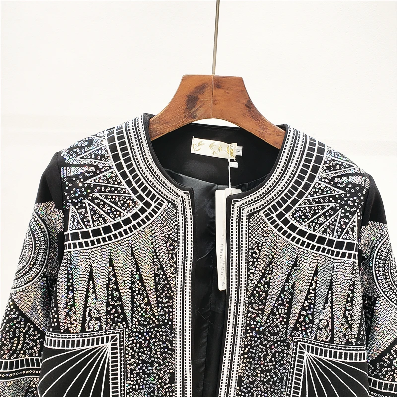 2023 New Spring Autumn Woman Sequins Jacket Round Neck Long Sleeve Chic Fashion Coat Bling Embroidery High Quality Vintage Jacke