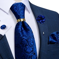 Cravate en soie Jacquard pour hommes, fait à la main, motif Paisley, bleu Royal, classique, 8cm de largeur, avec poche, boutons de manchette carrés