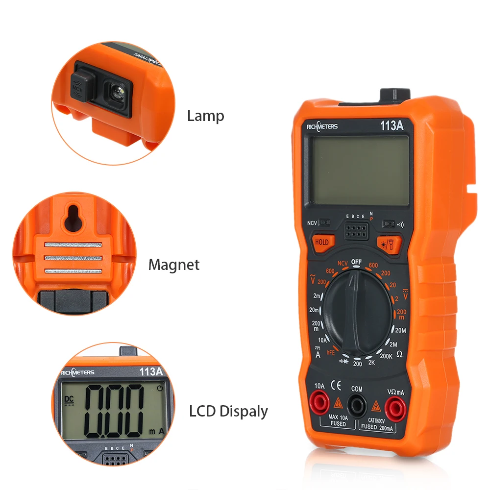 RICHMETERS RM113D Digital Multimeter 6000 Counts NCV AC/DC Voltage Temperature Measuring Meter with Magnetic Suction Flash Light