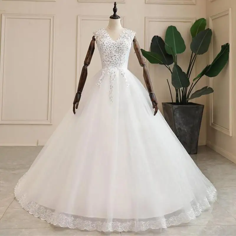 Sleeveless Wedding Dresses Vestido De Noiva Classic V-neck Ball Gown Luxury Crystal Robe De Mariee Plus Size Light Bridal Gown