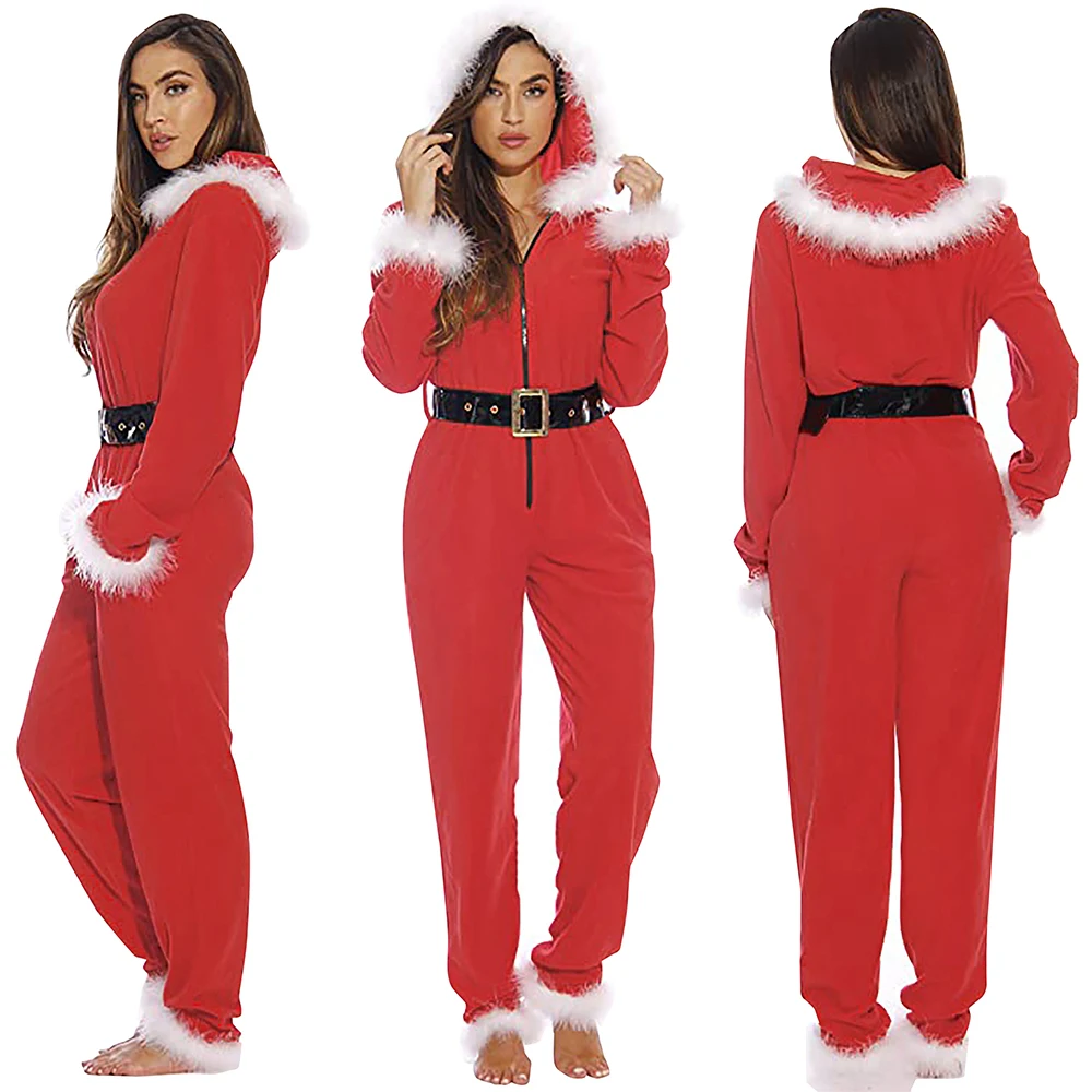 Women Santa Mrs. Claus Costume Hoodie, Christmas Dress Fancy Outfit Adult, Long sleeve long Jumpsuit Costume Role Play  bodycon