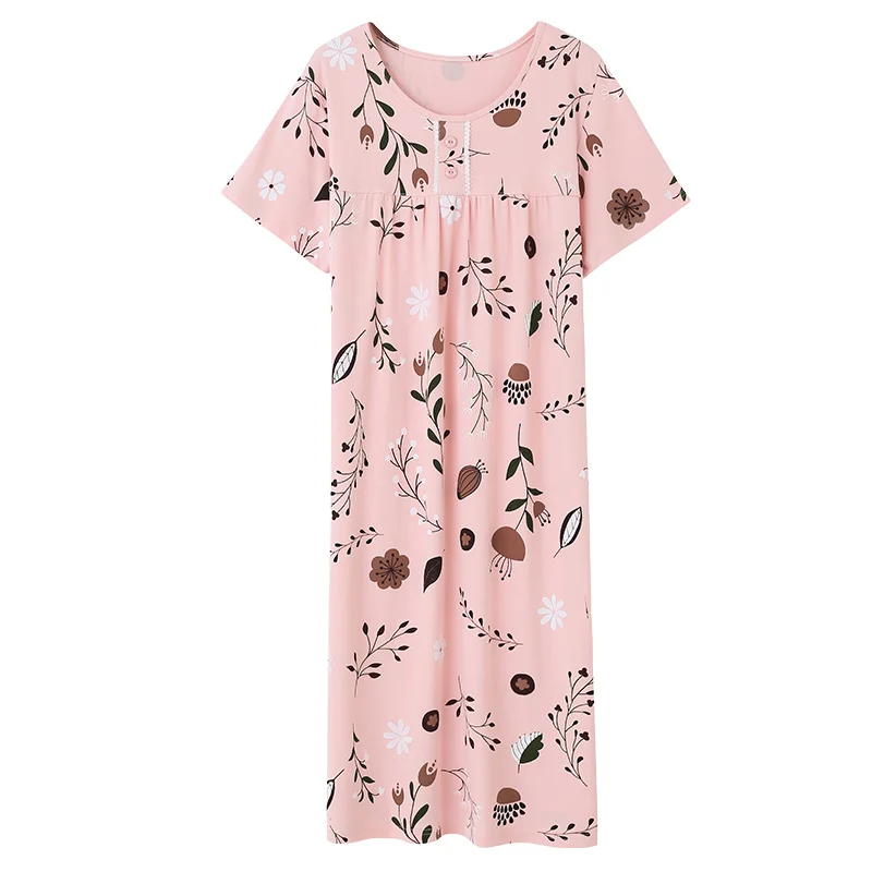 Summer Cotton Women\'s Nightgown Nightdress Leaf Print Sleepwear Casual Nightwear Loose Nightgowns Fashion Sleepshirts Big Yards