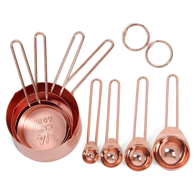 Rose gold Stainless Steel Measuring Cups and Spoons set of 8 Engraved Measurements,Pouring Spouts & Mirror Polished for Baking a