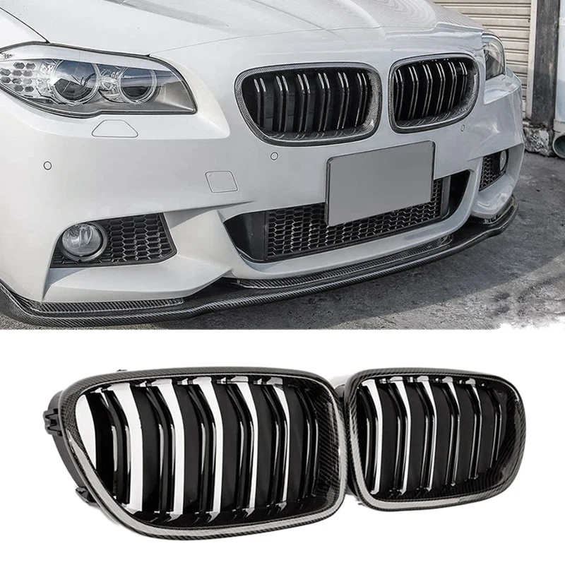 

Car Carbon Fiber Glossy Double Slats Front Kidney Grille Grill For-BMW 5 Series F10 F11 M5 2010-2016