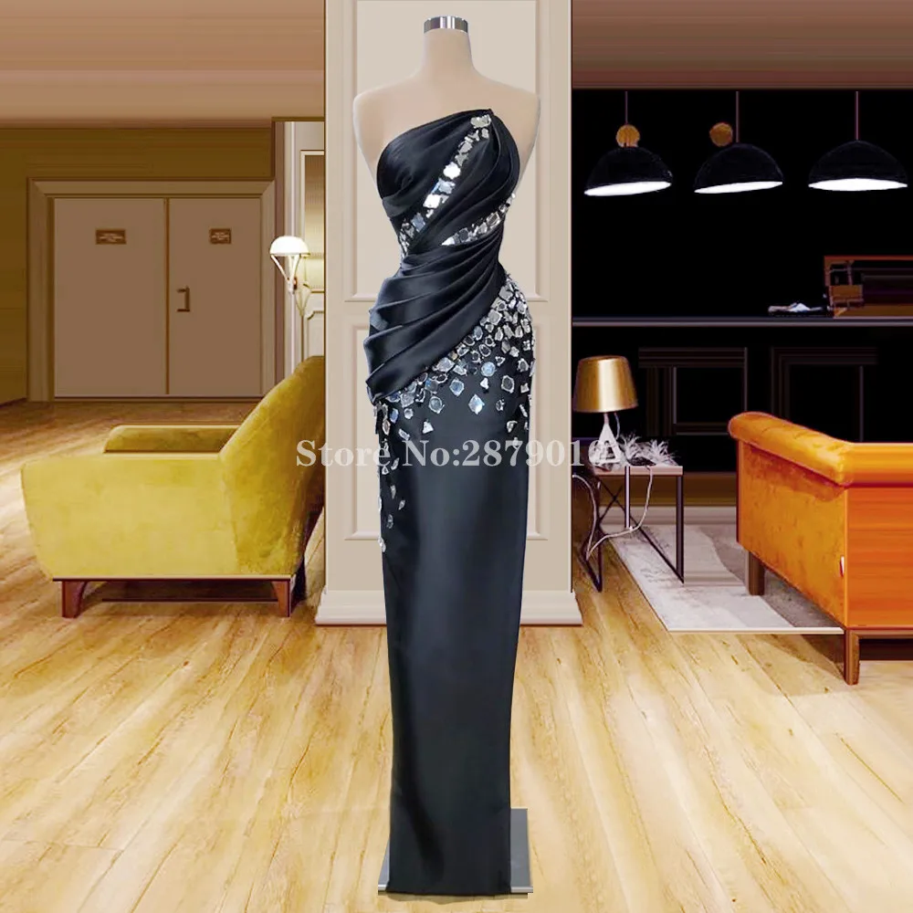 Black Elegant Evening Dress Sheath Full-Length Satin Beaded Stones Prom Dress Celebrity Dress Vestido de festa Formal 2020 Dubai