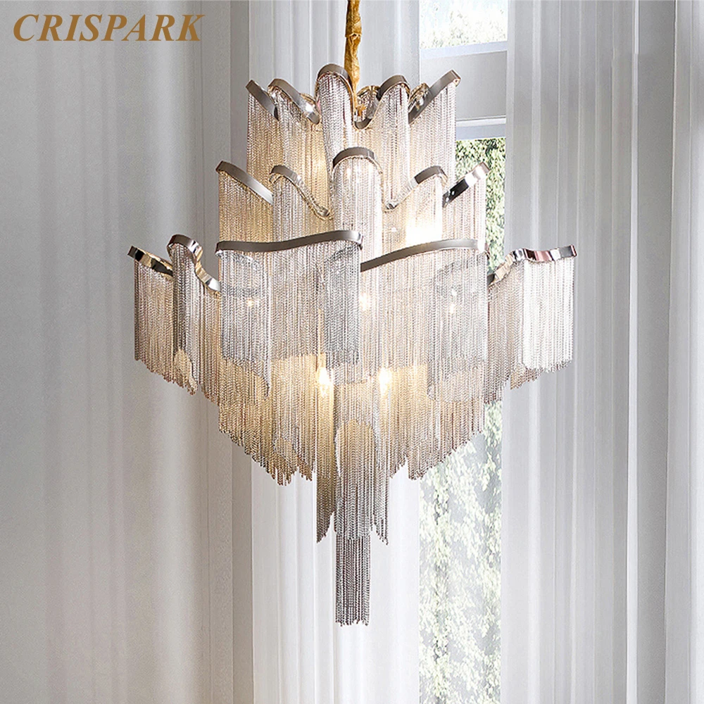 Irrecgular Chrome Chandelier Lamp LED Multi-tier Chain Pendant Hanging Lighting Home Decor Large Light Fixture Living Room Lamp