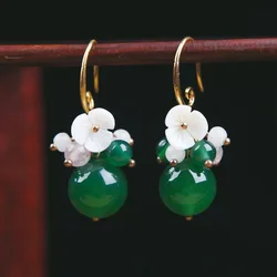 Luxury Boho Earring Green Agate Stone White Shell Flower Earrings for Women Cute Fashion Jewelry