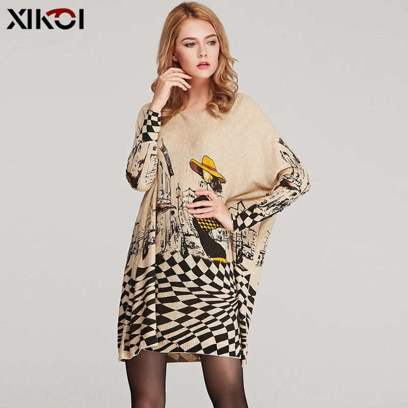 XIKOI Spring Clothes Oversized Winter Sweaters For Women Knitted Print Long Wool Pullovers Pull Femme Warm Batwing Sleeve Jumper