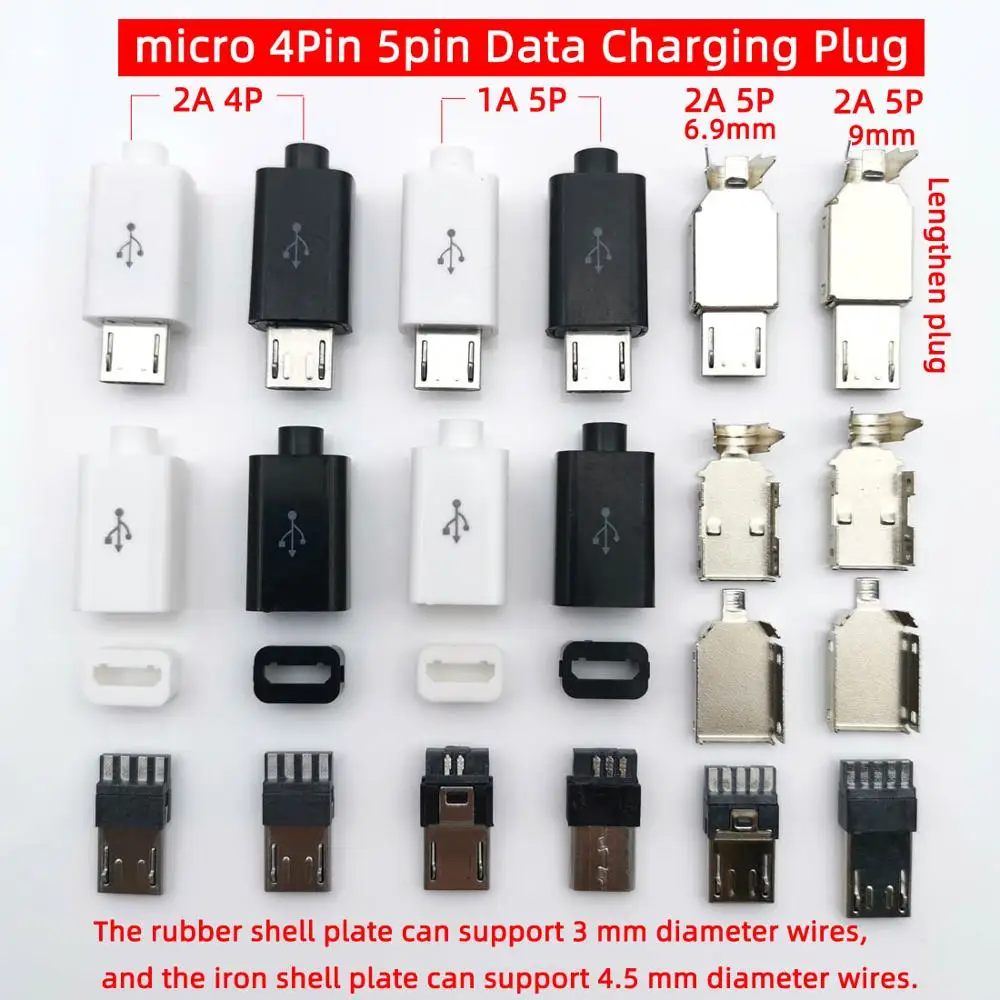 10PCS/LOT  Micro USB 4Pin 5in  Male connector plug Black/White welding Data OTG line interface DIY data cable accessories