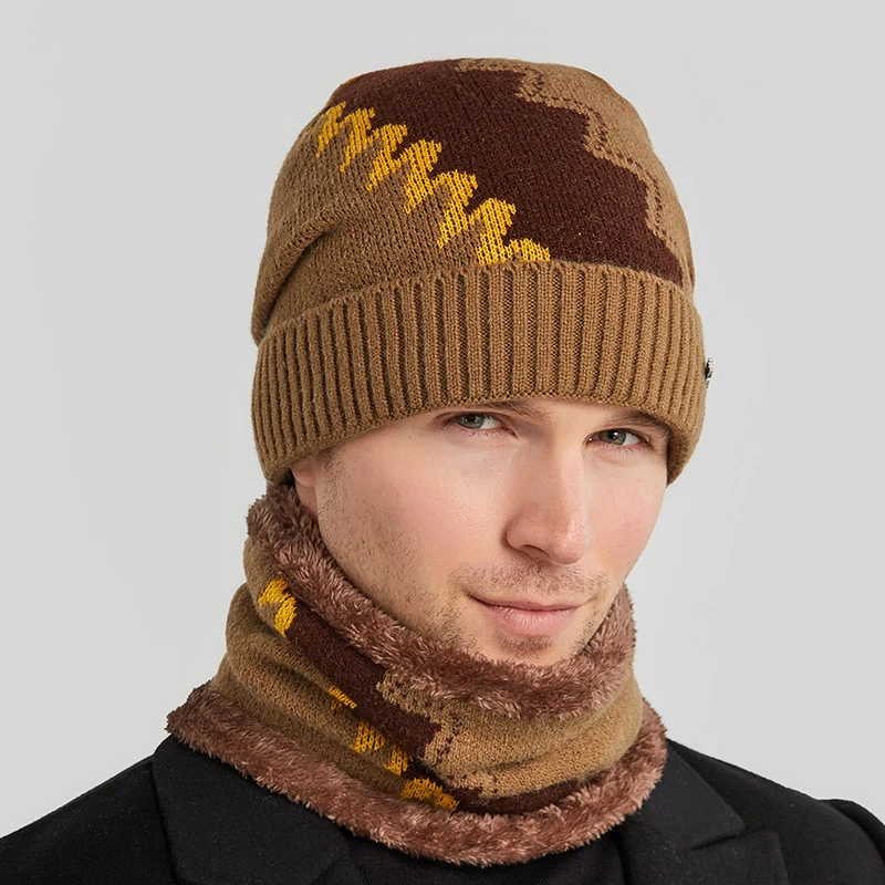 Autumn Winter Knitted Hats For Men Beanies Hat Fashion Mens Warm Outdoor Cycling Bonnet Caps Boys Scarf Hats Set Male Beanie Cap