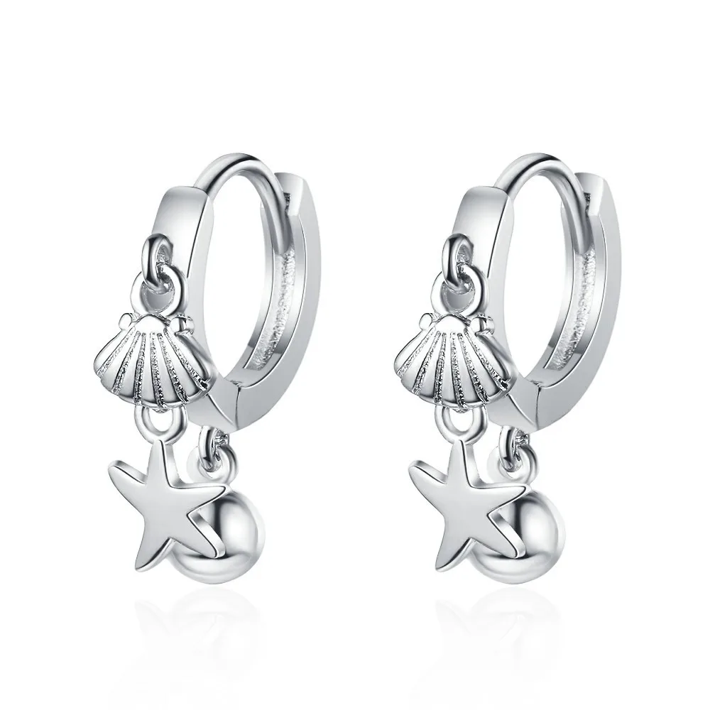 Gorgeous 925 Silver Needle Hot Sale Shell Starfish Pendant Hoop Earrings Fashion Retro Wedding Silver Jewelry Girlfriend Gift