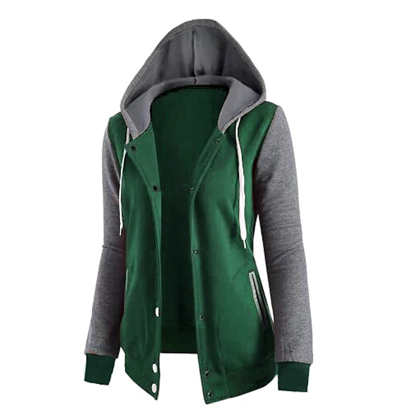 European and American Patchwork Hooded Pocket Long-sleeved Four-button Top Jacket Women  Sweatshirt