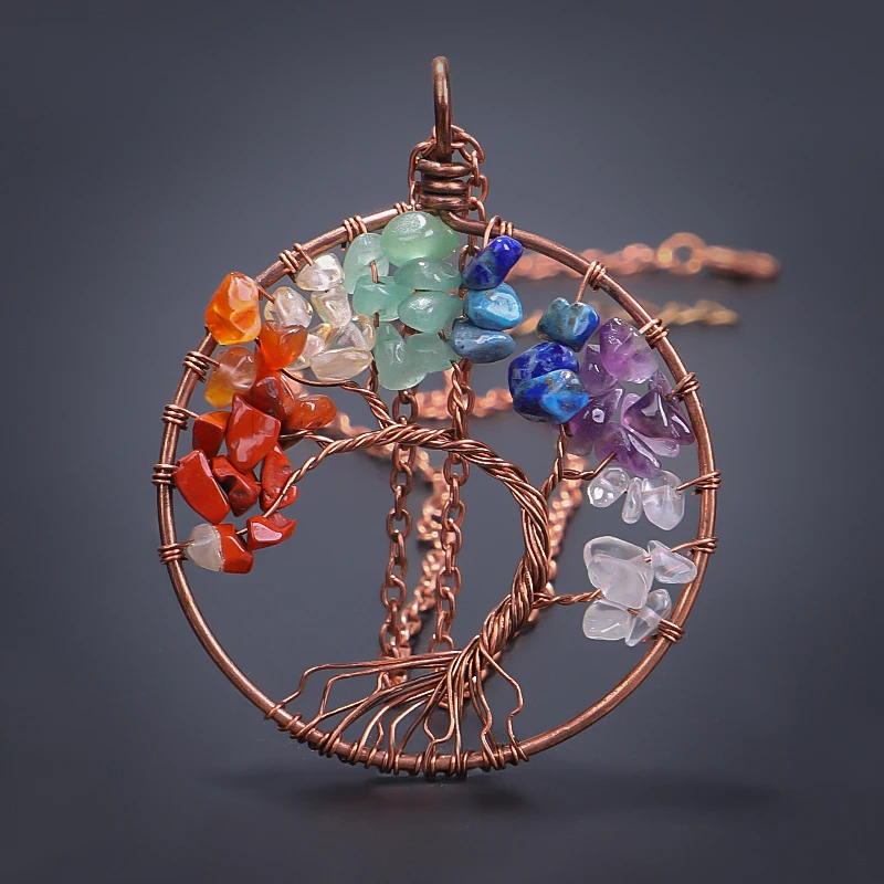 7 Chakra Tree Of Life Pendant Necklace Copper Crystal Natural Stone Necklace Quartz Stones Pendants Women Christmas Gift