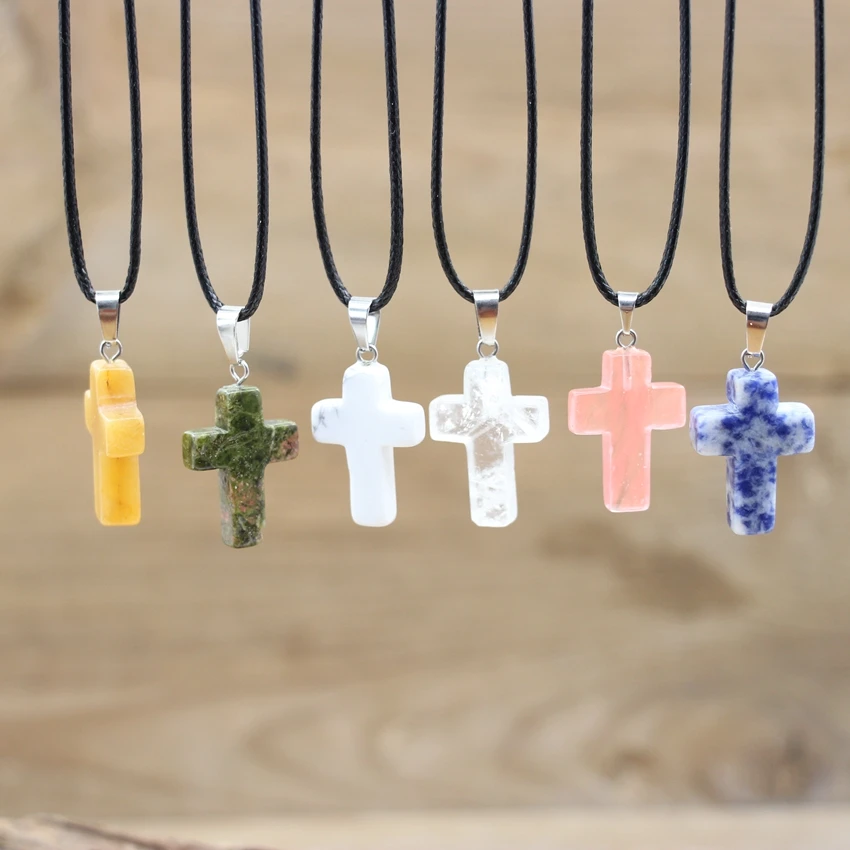 Natural Crystal Cross Shape Pendant Healing Quartz Turquoise Sodalite Obsidian Colorful Gemstone Necklace Women Jewelry QC3202