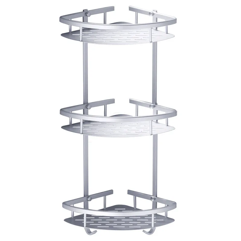 Bathroom hardware pendant wholesale bathroom perforation-free space aluminum three layer with hook bath gel corner rack rack