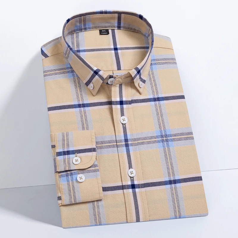 Plaid Causal Shirts Oxford Men Stylish Full Sleeve 100% Cotton Striped Pocket Button Standard-fit Daily Soft Checked Dress Shirt