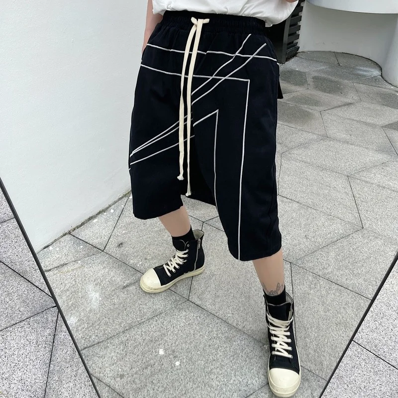 

Mens Summer Drop Crotch Harem Pants Calf Length Elastic Waist Hip Hop Pants Harajuku Striped Joggers Pants Man Casual Streetwear