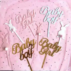 Cute Rabbit Girl boy Cake Toppers Flags Kids Happy Birthday Pink blue gold Cupcake Topper Wedding Bride Party Baby Shower Decor