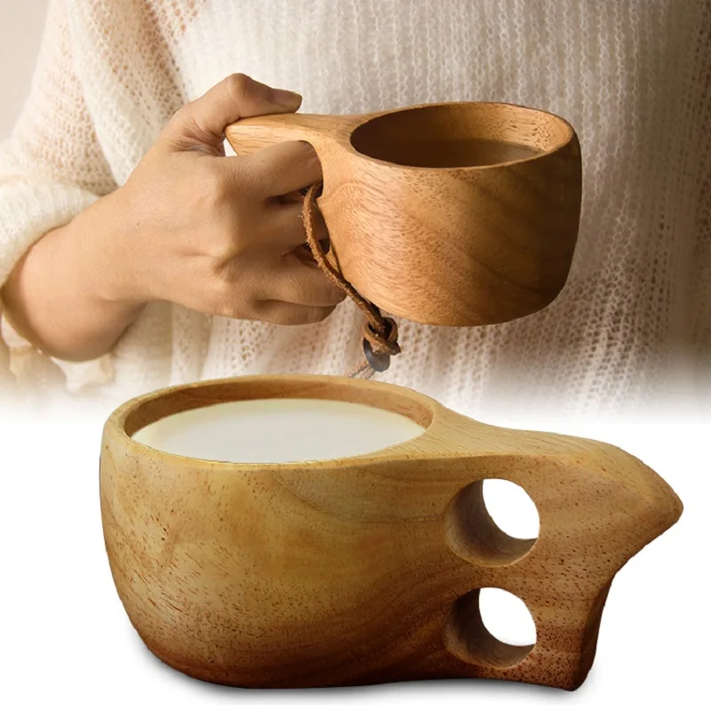 Handmade Nordic Wooden Cups Portable Kuksa Lanyard Coffee Mug Milk Cup 250ml Tea Coffee Drinking Cup Wood Coffee Mug