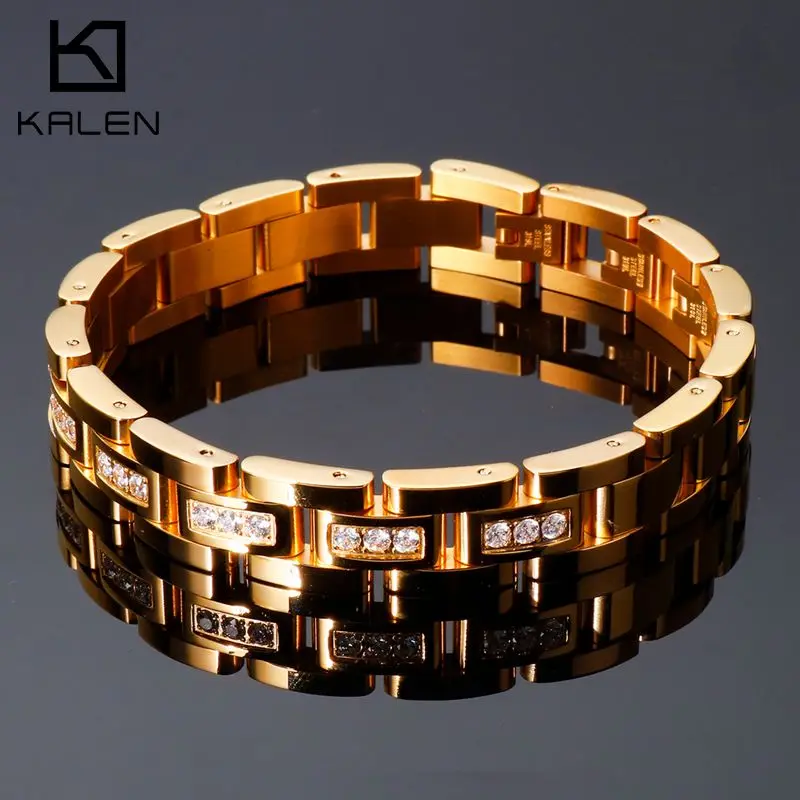 KALEN 12MM Stainless Steel Gold Color HipHop Watchband Zircon-Mounted Bracelet For Men Male Fashion Birthday Gift Jewelry