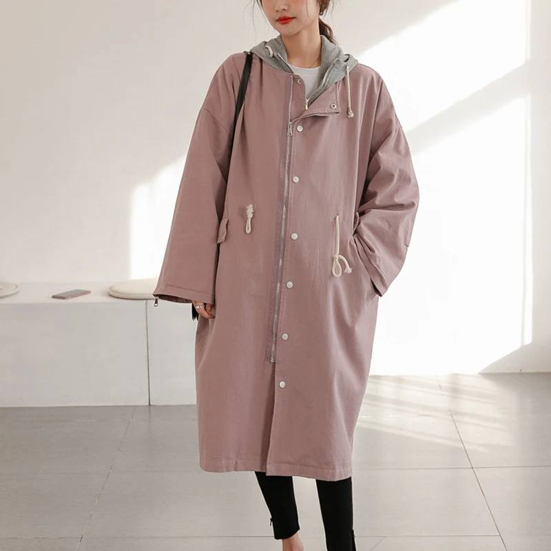 Spring Fall Pregnant Women Jackets Khaki Plus Size Long Sleeve Hooded Fake Two-Piece Windbreak Loose Fashion Wind Coats Outwear