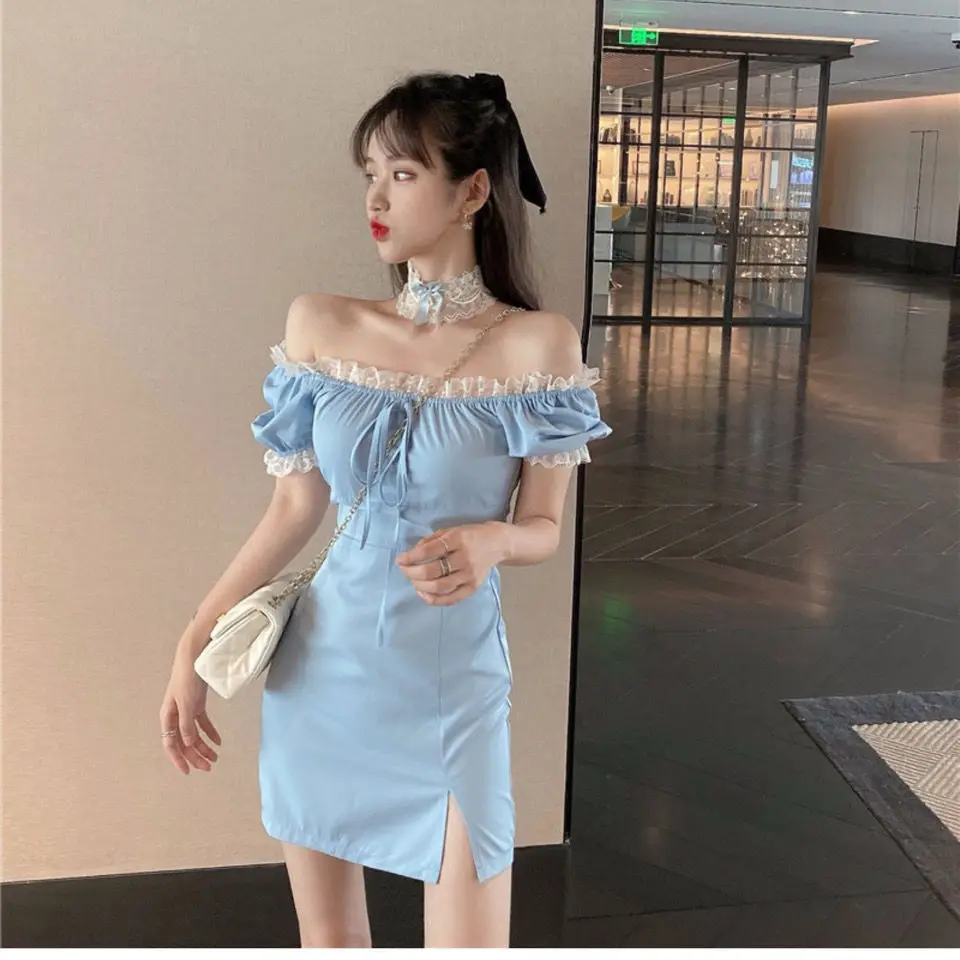 ulzzang bodycon dress Dress Women Solid Lace Bodycon Sexy Ulzzang Sweet Trendy Leisure Side-slit  Design Feminine Party Dance Holiday Elegant Ins Soft