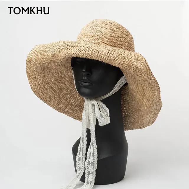 Lato nowy Handmade natura rafia biała koronkowa długa wstążka przyczynowa plaża pani kapelusz wędkarski kobiety wakacje kapelusz na plażę Bonnet Enfant