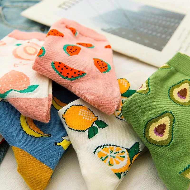 Women Funny Socks Spring Autumn Cartoon Socks Avocado Lemon Watermelon Peach Strawberry Banana Cotton Harajuku Casual Socks