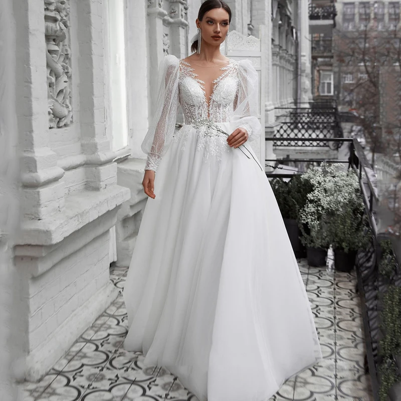 Eightree abiti da sposa Boho bianchi scollo a v Glitter Tulle A-Line abito da sposa principessa Applique abito da sposa senza schienale su misura