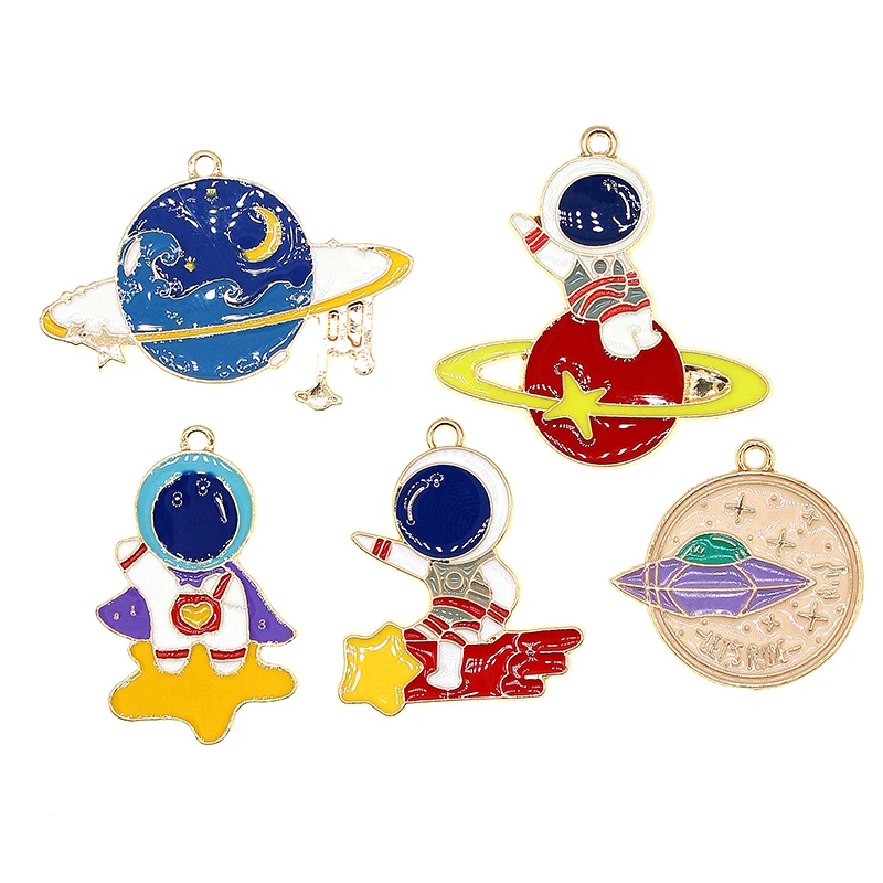 5pcs/lot 38*26mm Enamel spacecraft Star Astronaut Moon planet Spaceship Charms For Earrings Bracelet DIY Jewelry Making Finding