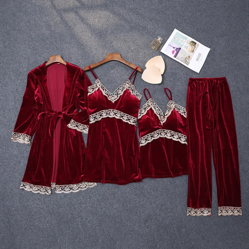 4 pieces Lace Velvet Pajamas Sets Women Warm Pyjamas Sleepwear Robe Pants Winter Pijamas Bathrobe Sexy Lingerie Autumn Pyjamas