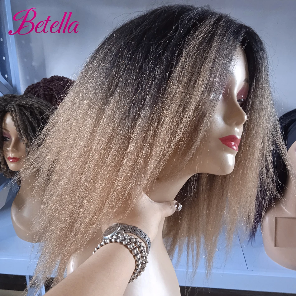 Betella-pelucas de pelo Afro rizado para mujer, pelo sintético liso Yaki, ombré, parte media, negro, Natural