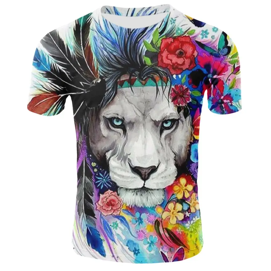 Leisure 3D Printing Animal Lion King Short Sleeve Round Neck T-shirt 3D Pattern Personality T-shirt Men and Women Comfortab