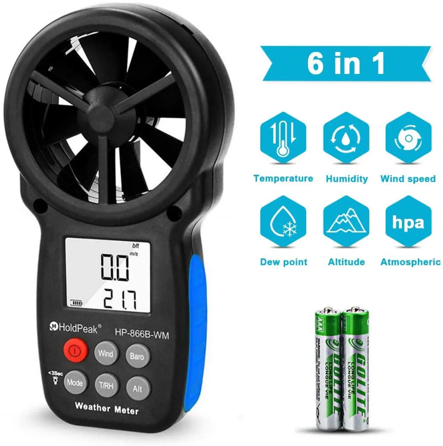 866B-WM Digital Anemometer for Measur Wind Speed,Temperature (℃/℉),Dew point and Wind Chill with Backlight and Humidity Tester