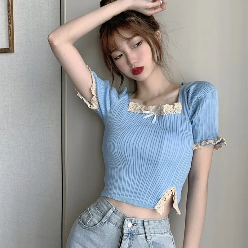 Sweet Square Collar Knitted Tops For Women Summer Short Sleeve T Shirt Girl Lace Short T Shirts