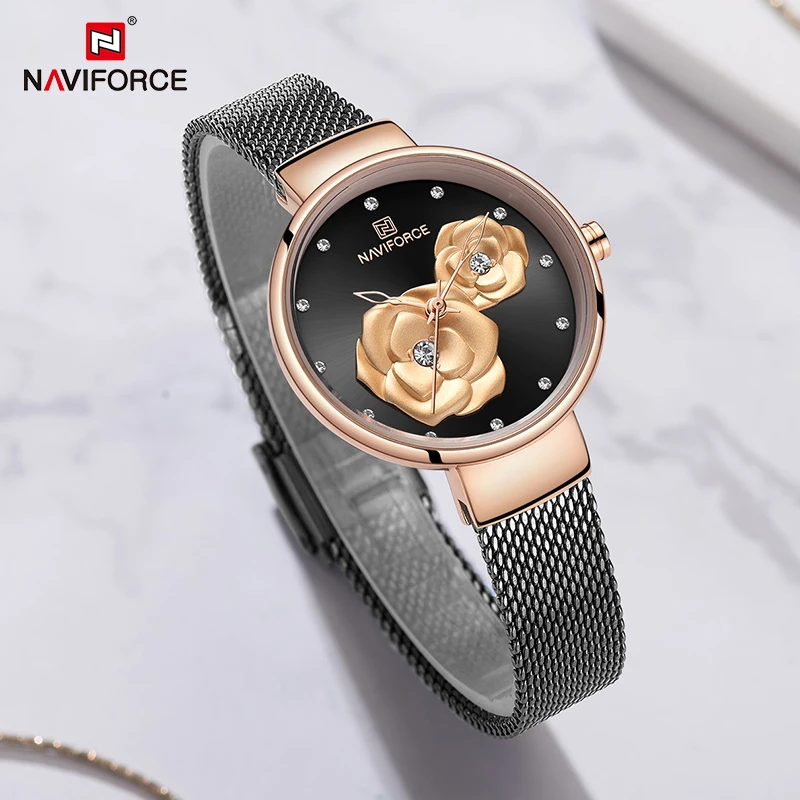 Luxury Brand NAVIFORCE Ladies Watches Fashion Creative 3D Rose wristwatch Gift For Women Girl Casual Clock Relogio Feminino 2019