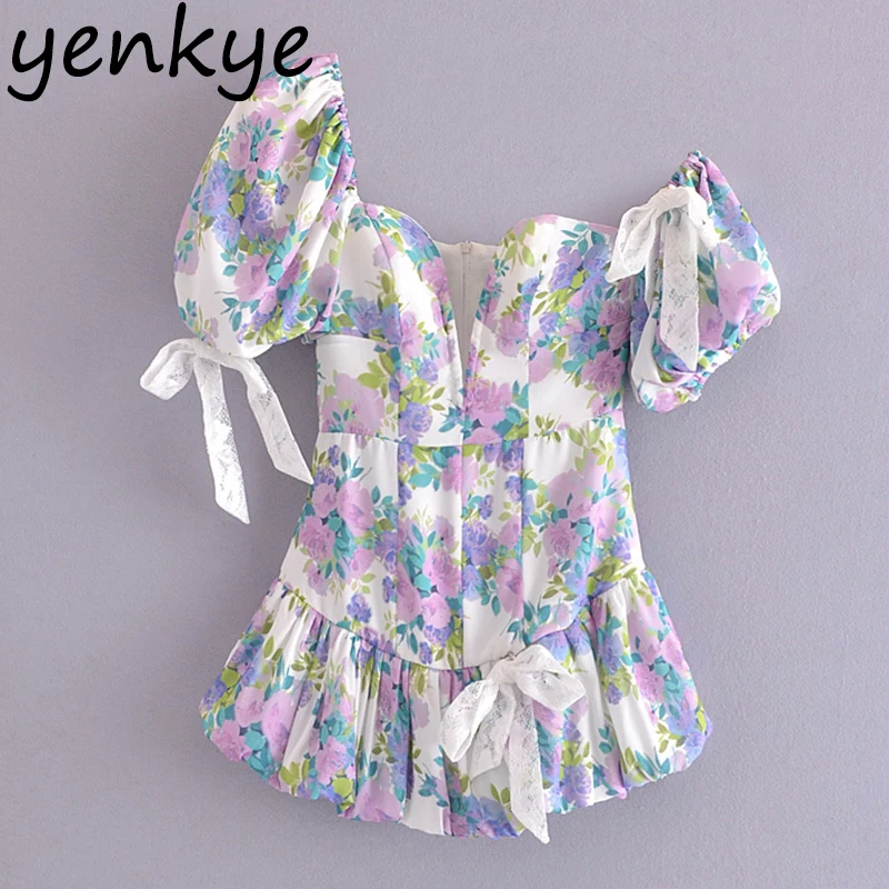 Yenkye Zoete Bloemenprint Asymmetrische Bladerdeeg Mouw Jurk Vrouwen Zomer Sexy Party Mini Jurken Elegante Dames Korte Chic Robe