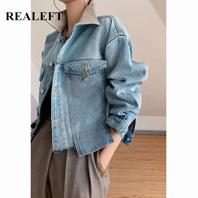 REALEFT 2021 New Autumn Women's Jeans Vintage Solid Color Single Breasted Casual Pockets Denim Coats Jean Jackets Outwear Female