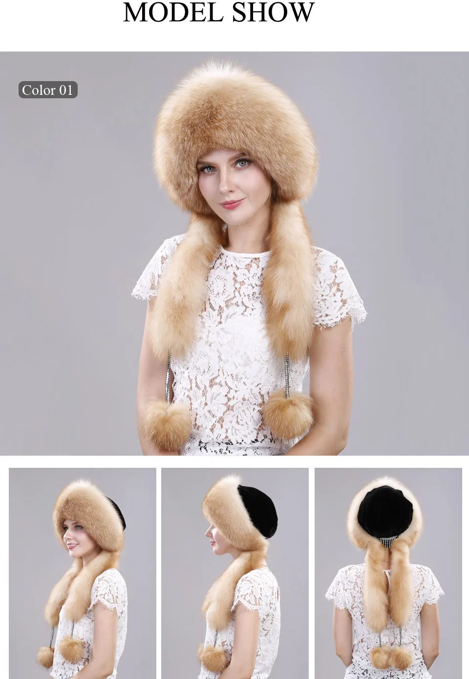 Echte Fuchspelzmütze mit Kaninchenfell-Oberteil, Wintermützen für Mädchen mit langen Pompons, Russische Trappermützen, Bombermützen, Bonnets für Frauen – Detail 3