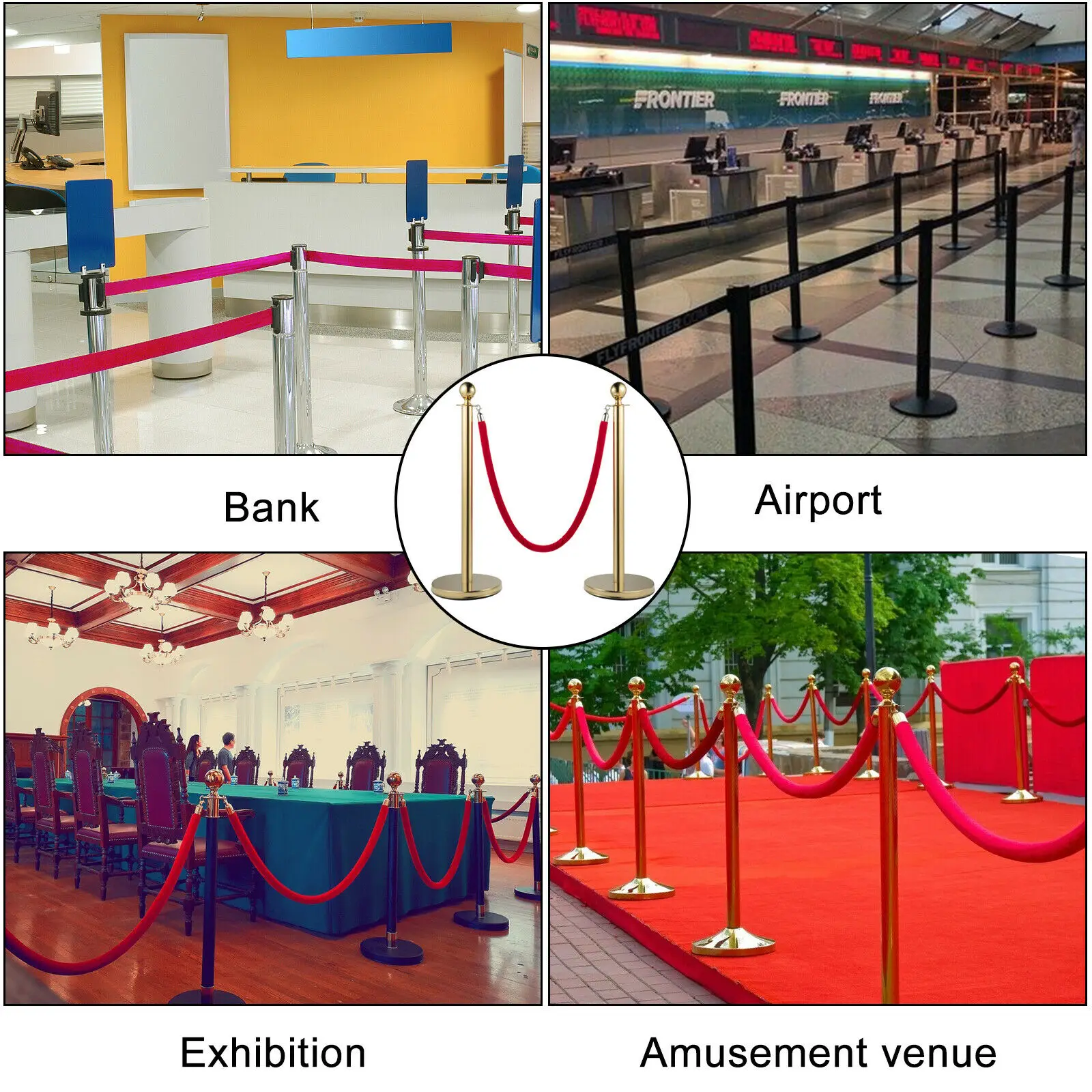 VEVOR 35.4 Inch Gold/Silver Crowd Control Stanchion Posts Queue Red/Black Velvet Rope Line Barriers with Stable Base for Stadium