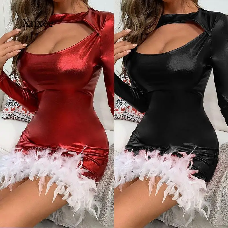 

Fashion New Ladies Sexy Solid Color Hollow Front Feather Design Tight-Fitting Party Dress