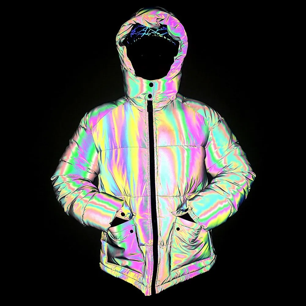 Winter Rainbow Color Reflective Jacket Women\'s Pocket Leaf Reflective Warm Casual Hooded Coat Plus Size Chaqueta De Las Seรฑoras