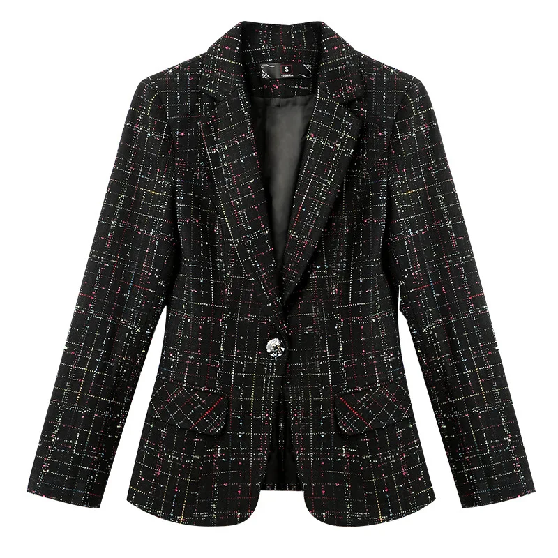 Blazer de Tweed manga comprida feminino, casaco elegante, tops chiques, terno xadrez vintage, jaquetas e blazers femininos, outono, inverno, 2023