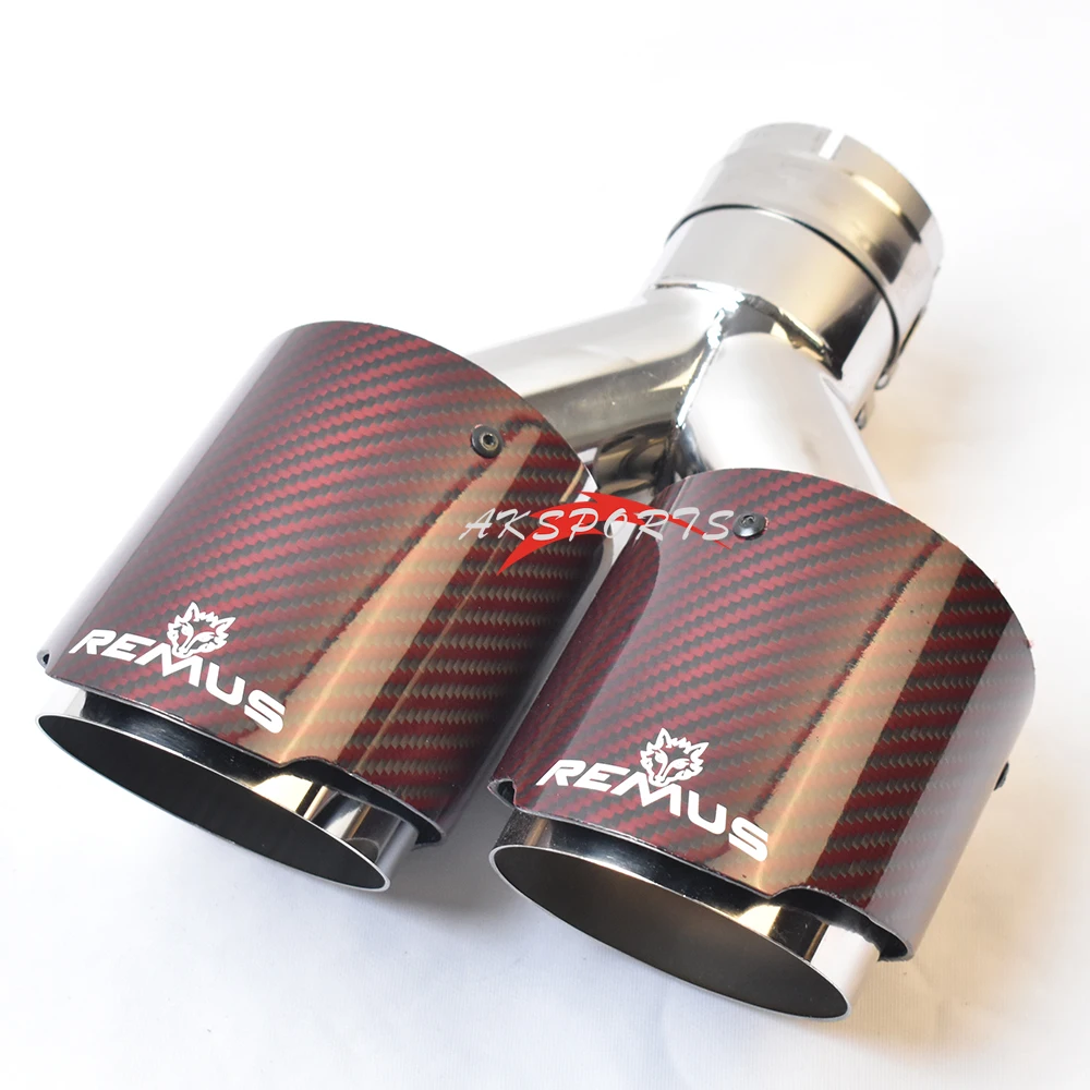 Right Side Glossy Red Twill Carbon Fiber Straight Exhaust Pipe Dual Muffler Tip