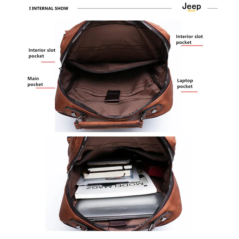 JEEP BULUO-mochila impermeable de cuero PU para hombre, bolso escolar de alta calidad para exteriores, motocicleta, senderismo, oficina, ocio Tr